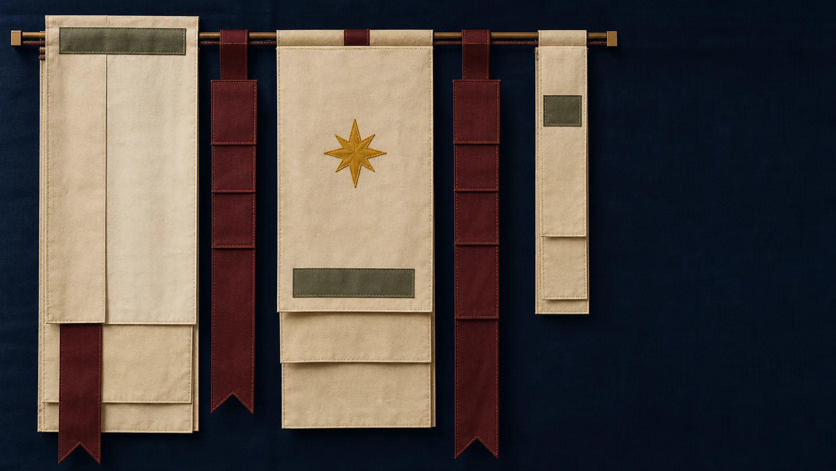 Abstract service-banner textile panels with folded cloth, ribbon bars, and stitched blank labels.