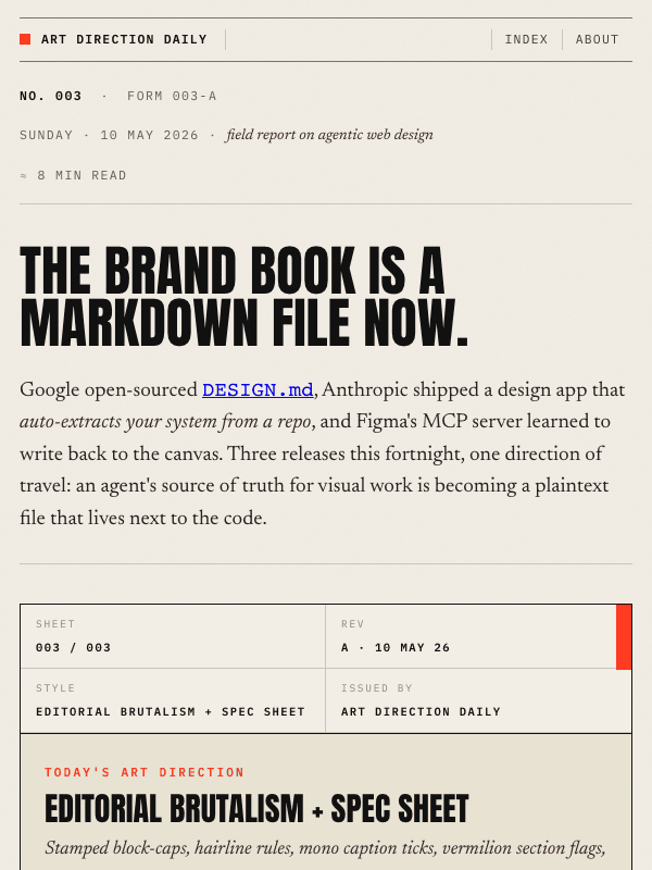 Issue 003 — The brand book is a Markdown file now.
