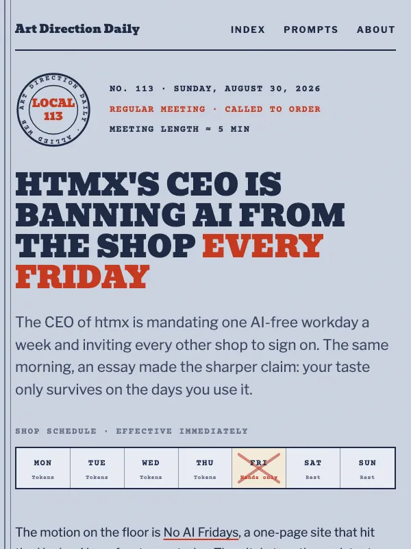 Issue 113 — htmx's CEO is banning AI from the shop every Friday