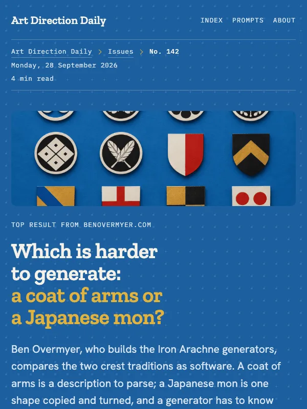 Issue 142 — Which is harder to generate: a coat of arms or a Japanese mon?