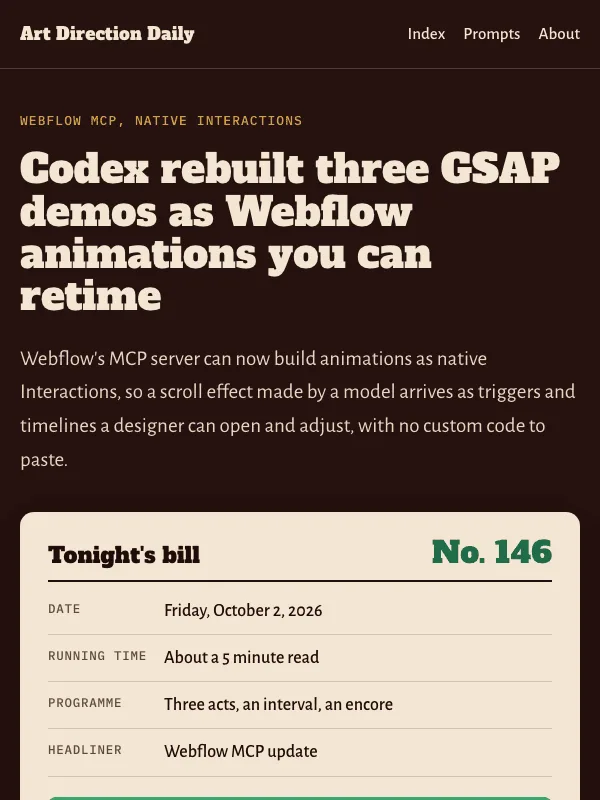 Issue 146 — Codex rebuilt three GSAP demos as Webflow animations you can retime