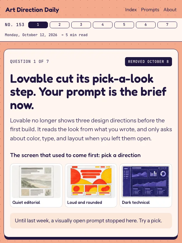 Issue 153 — Lovable cut its pick-a-look step. Your prompt is the brief now.
