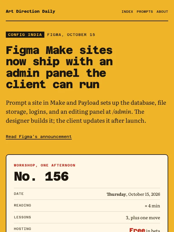 Issue 156 — Figma Make sites now ship with an admin panel the client can run